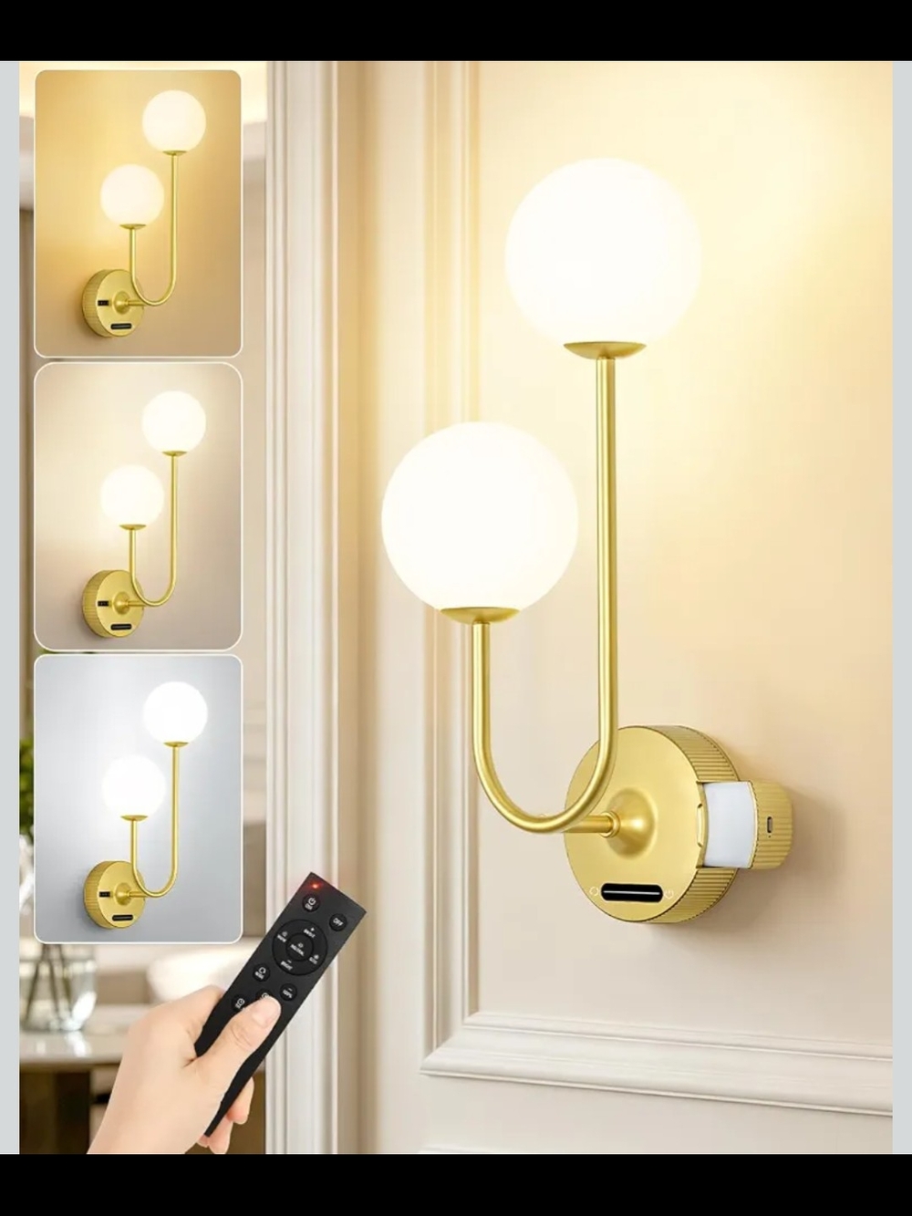 Modern Gold Dual-Globe Wall Sconce - Battery Operated New